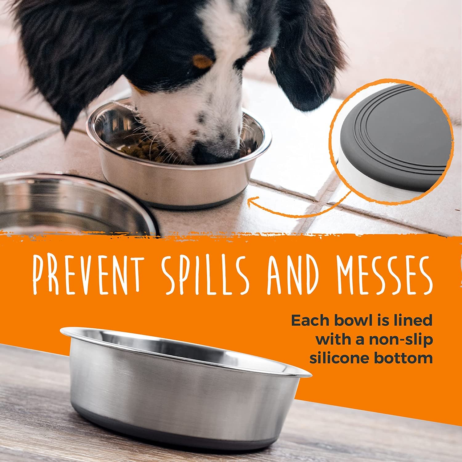 Stainless Steel Dog Bowls - Pack of 2 - Non-Slip Bottom - No Spill Design - Dishwasher Safe - Suitable for All Pet Breeds - Safe Dog Food and Water Bowl - Steel Set - Large - 8.5”
